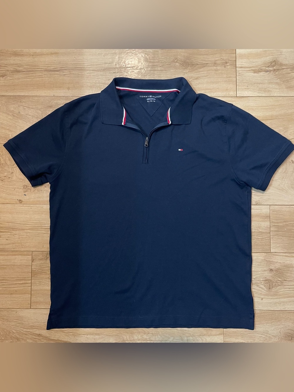 Tommy Hilfiger Men’s XL Navy Zip-Up Polo with Red-White Trim